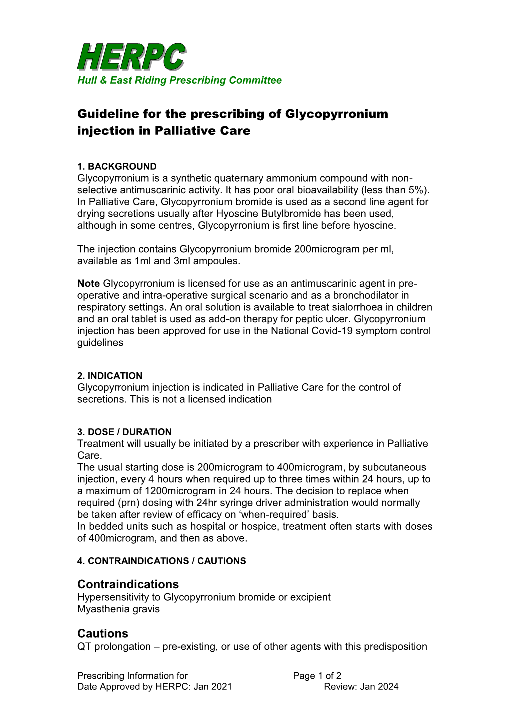 Guideline for the Prescribing of Glycopyrronium Injection in Palliative Care