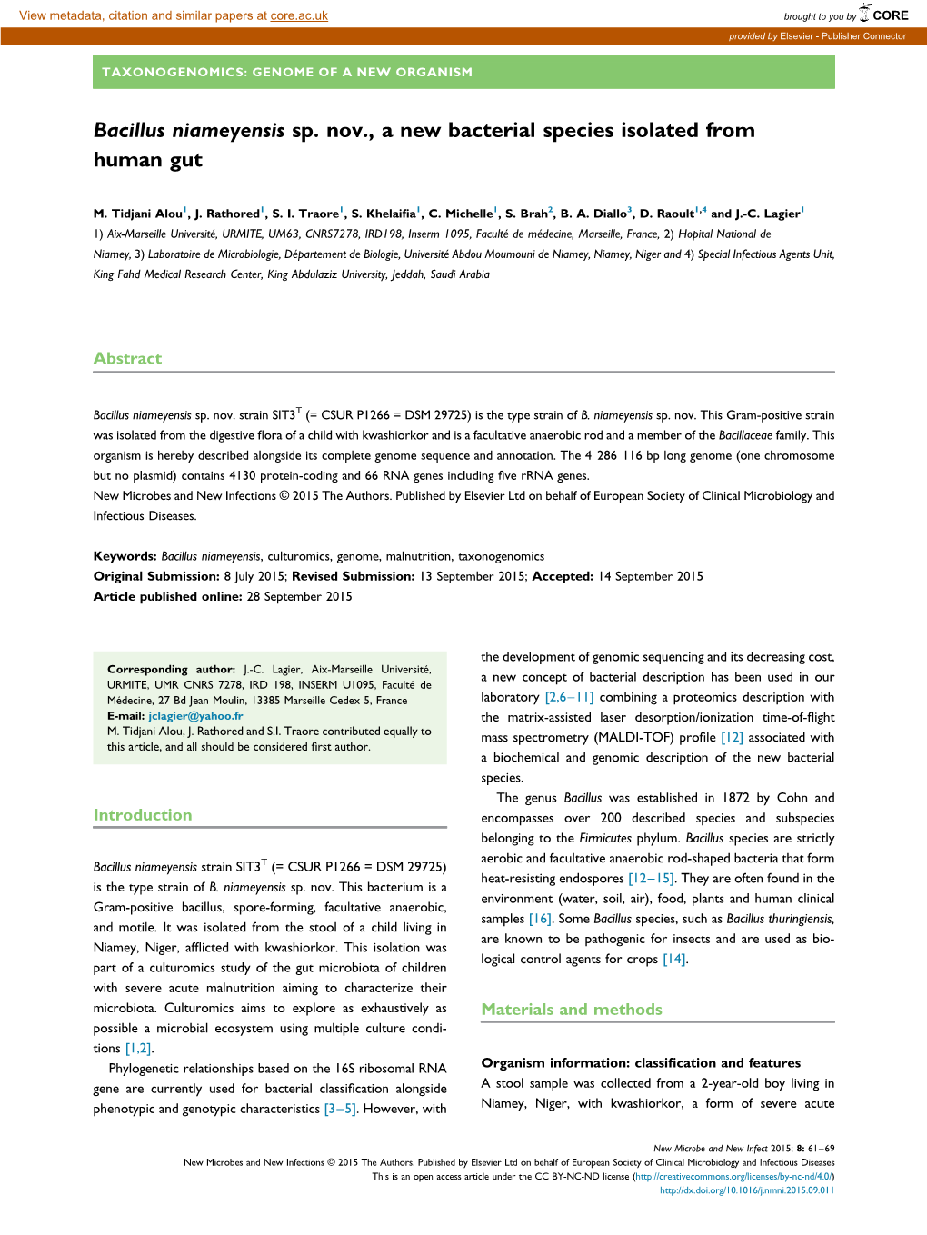 Bacillus Niameyensis Sp. Nov., a New Bacterial Species Isolated from Human Gut