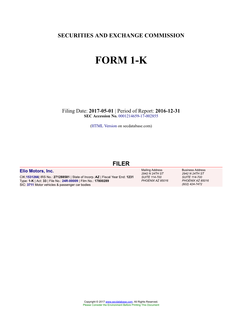 Elio Motors, Inc. Form 1-K Filed 2017-05-01