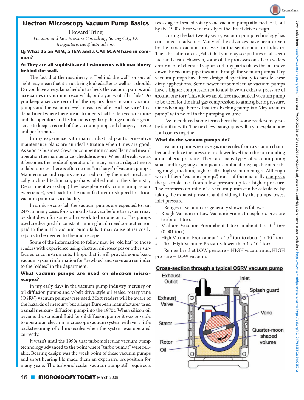 Electron Microscopy Vacuum Pump Basics Two-Stage Oil Sealed Rotary Vane Vacuum Pump Attached to It, but by the 1990S These Were Mostly of the Direct Drive Design