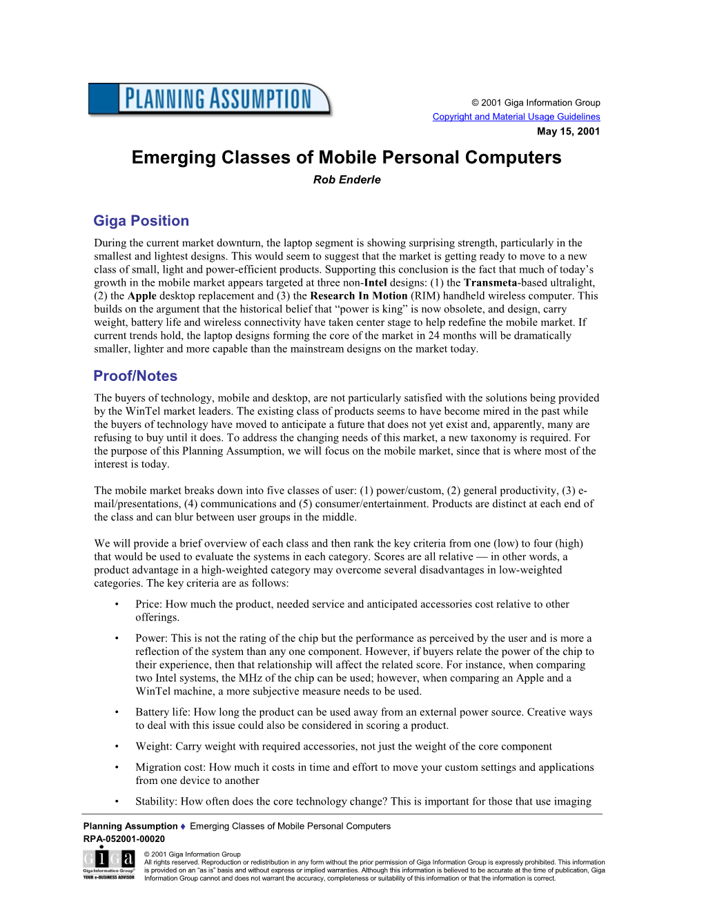 Emerging Classes of Mobile Personal Computers Rob Enderle