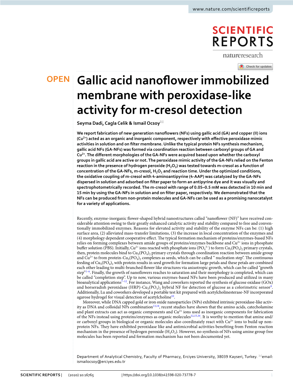 Gallic Acid Nanoflower Immobilized Membrane with Peroxidase-Like