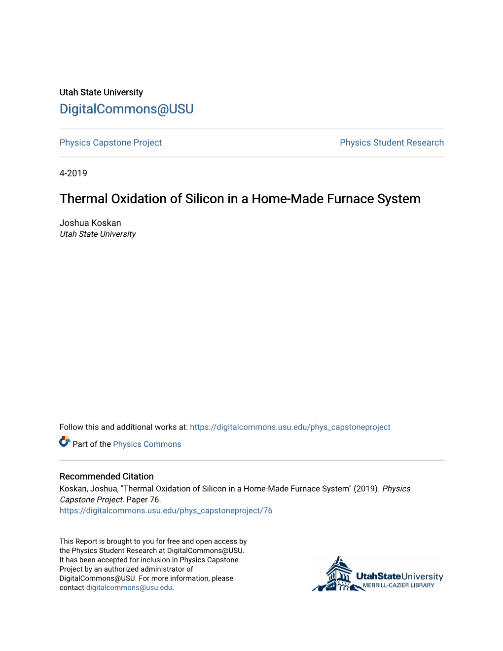 Thermal Oxidation of Silicon in a Home-Made Furnace System