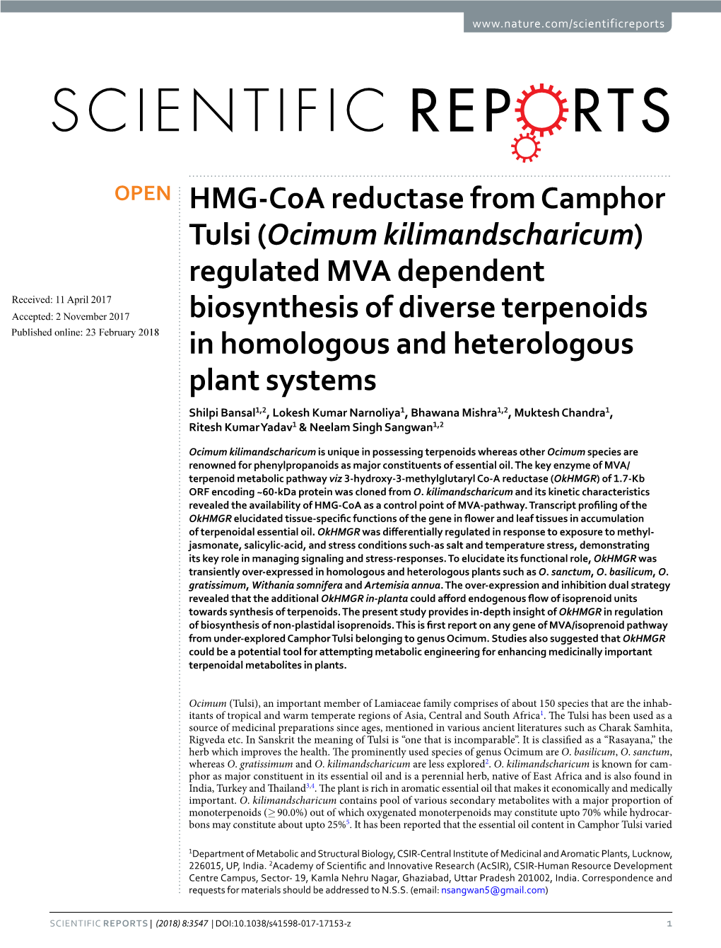 HMG-Coa Reductase from Camphor Tulsi (Ocimum Kilimandscharicum)