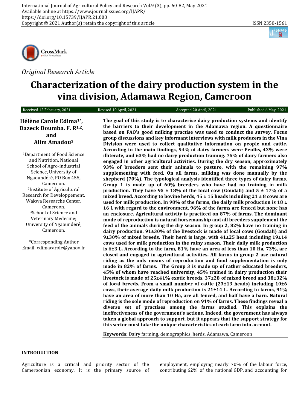 Characterization of the Dairy Production System in the Vina Division, Adamawa Region, Cameroon