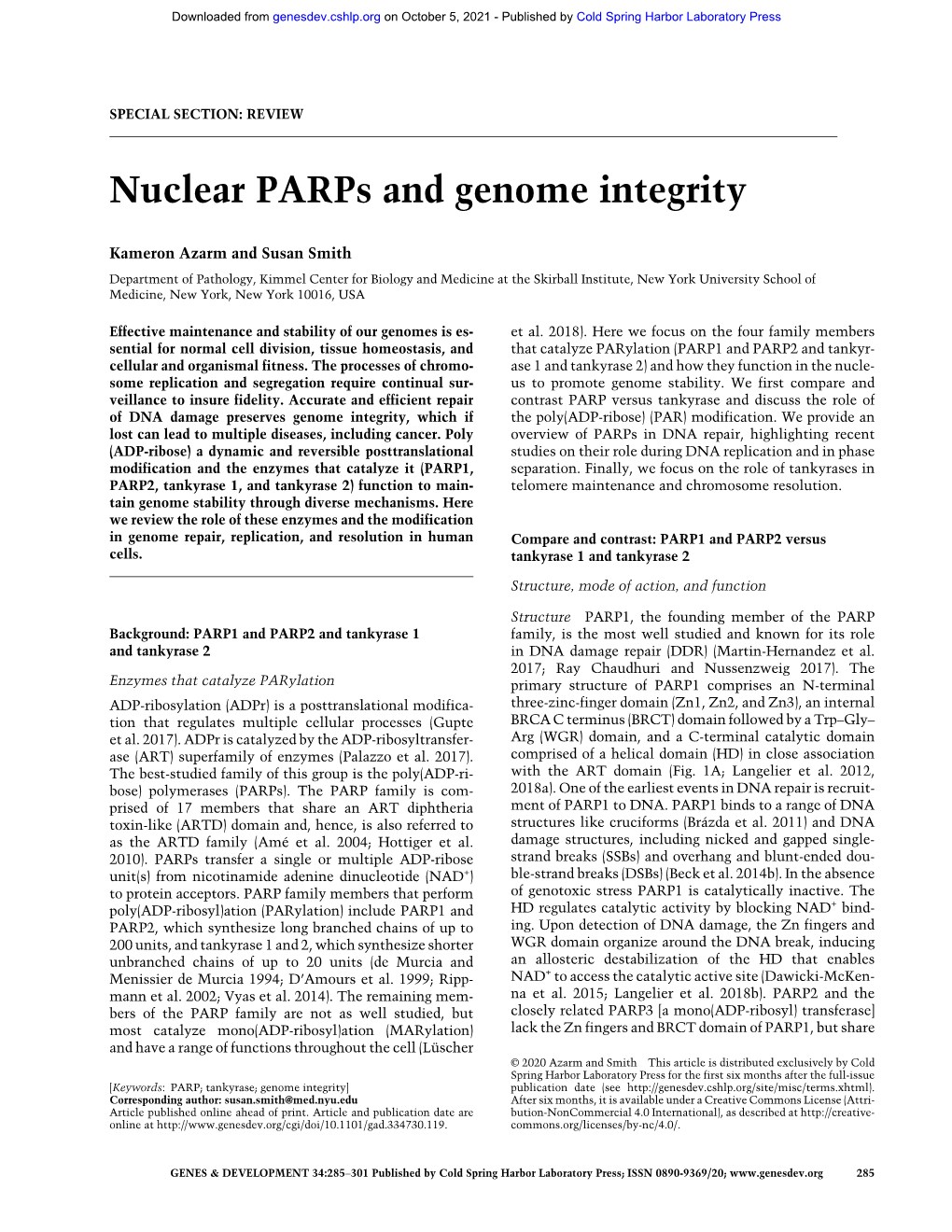 Nuclear Parps and Genome Integrity