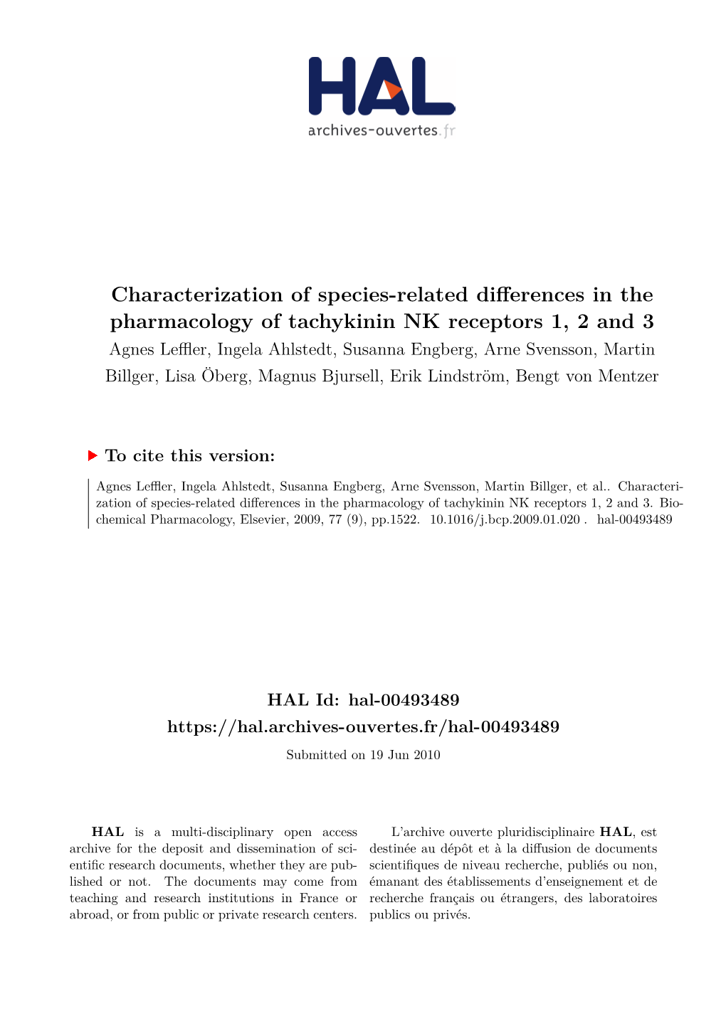 Characterization of Species-Related Differences in the Pharmacology Of