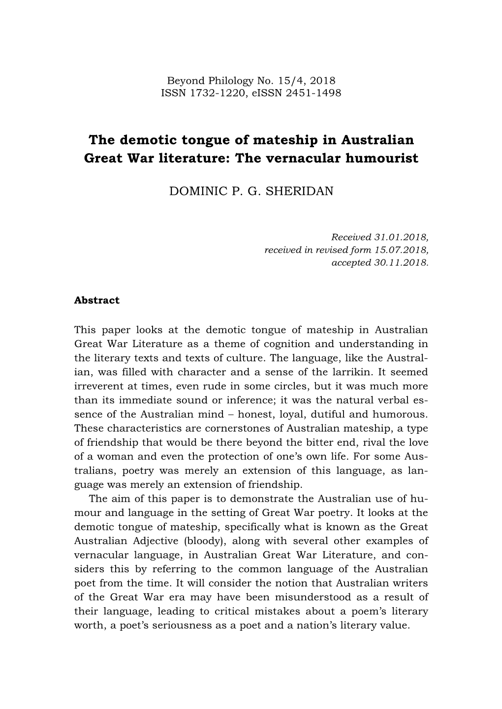 The Demotic Tongue of Mateship in Australian Great War Literature: the Vernacular Humourist