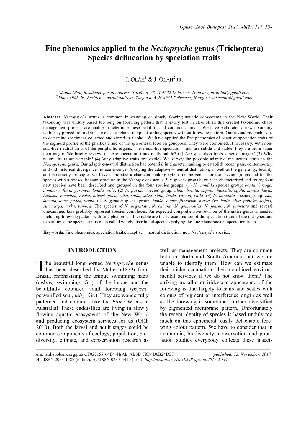 Fine Phenomics Applied to the Nectopsyche Genus (Trichoptera) Species Delineation by Speciation Traits