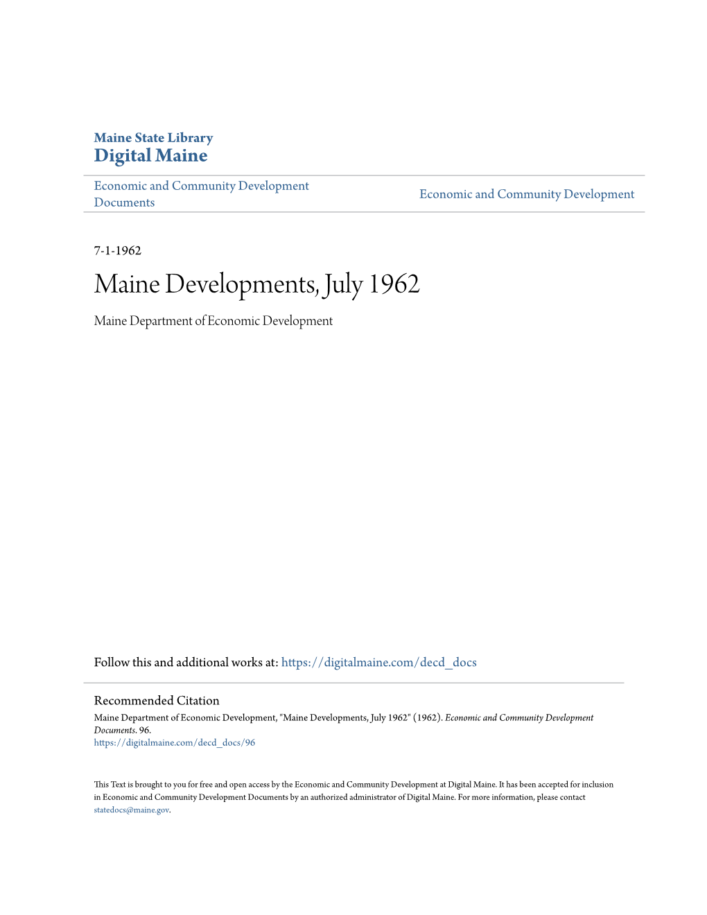 Maine Developments, July 1962 Maine Department of Economic Development