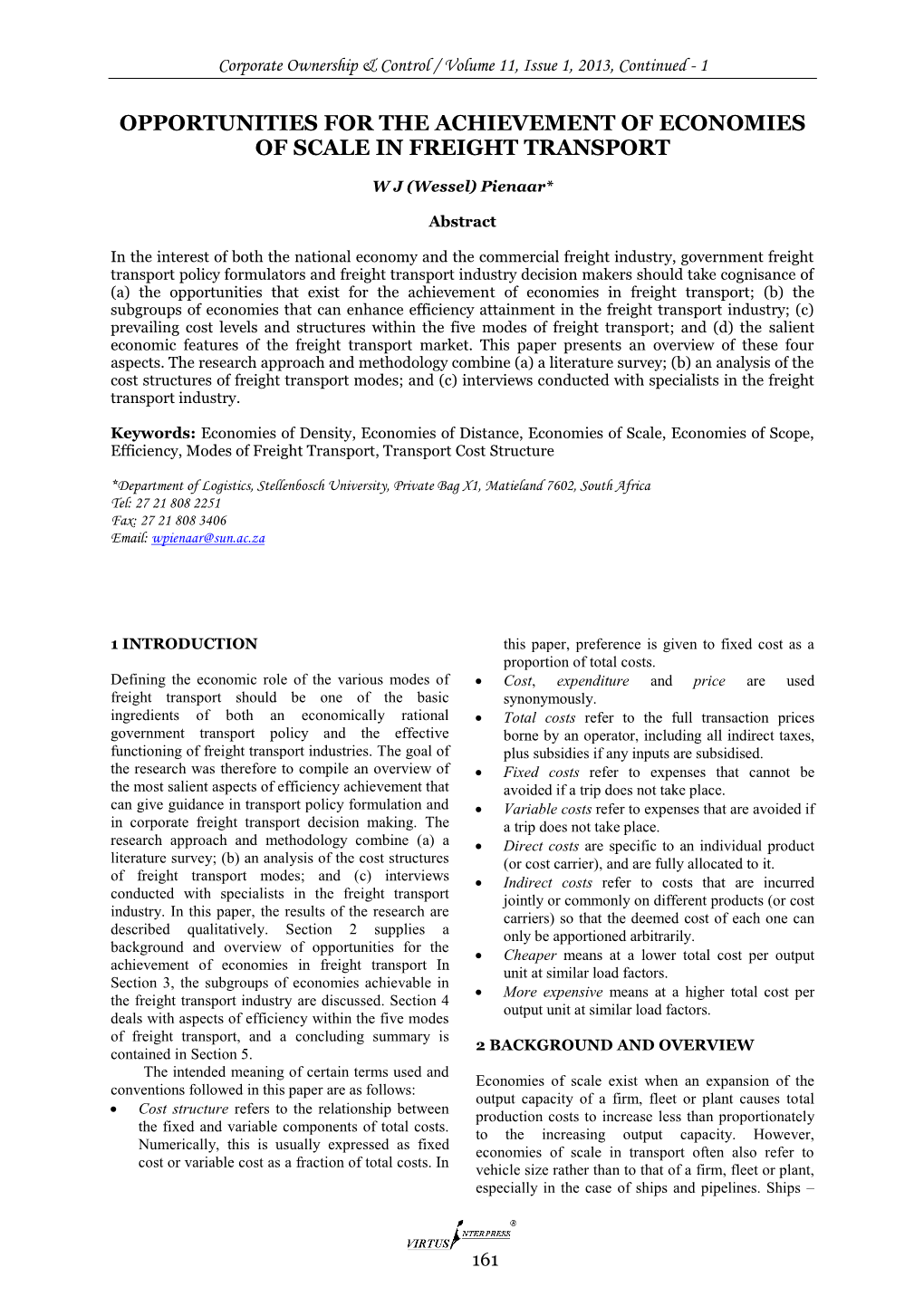 Opportunities for the Achievement of Economies of Scale in Freight Transport