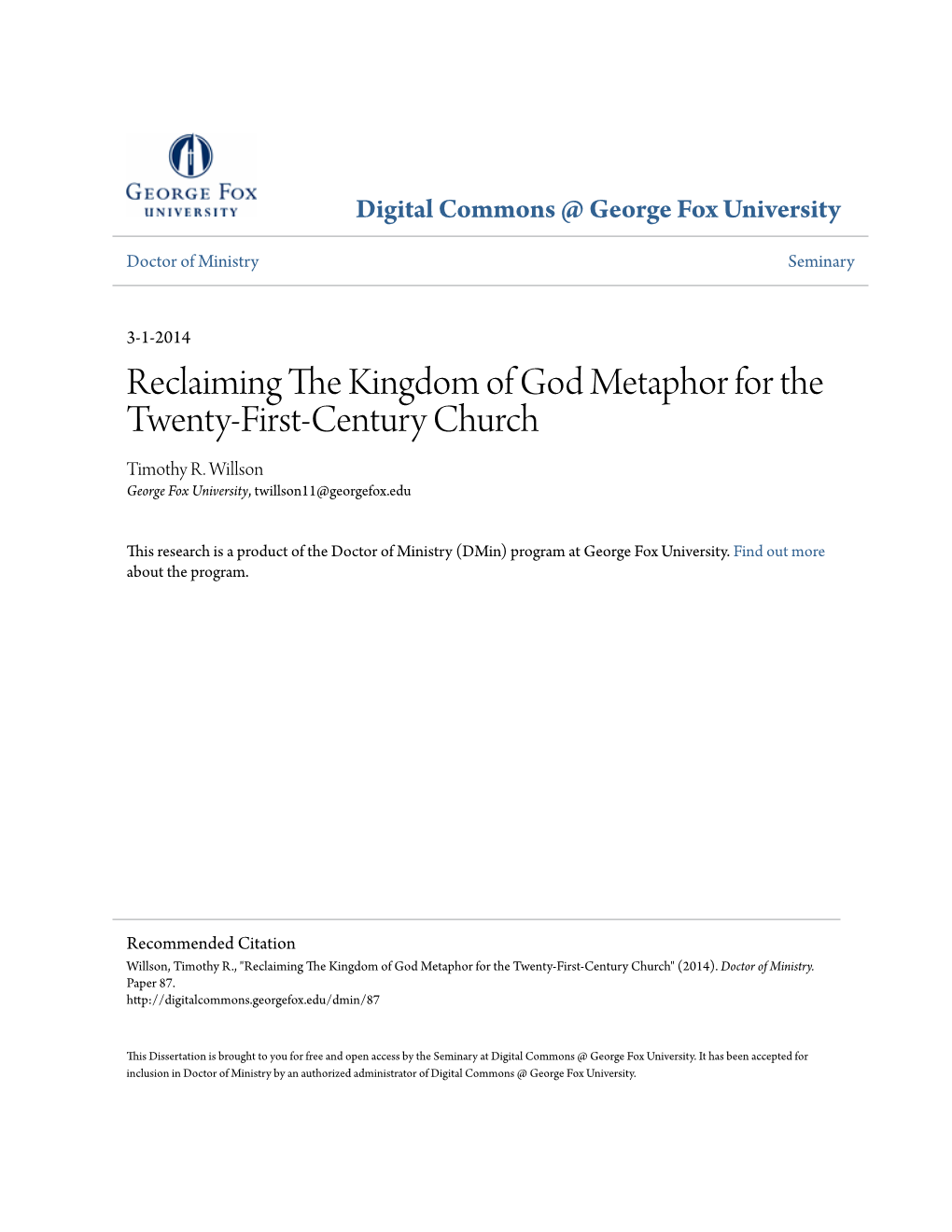 Reclaiming the Kingdom of God Metaphor for the Twenty-First-Century Church Timothy R