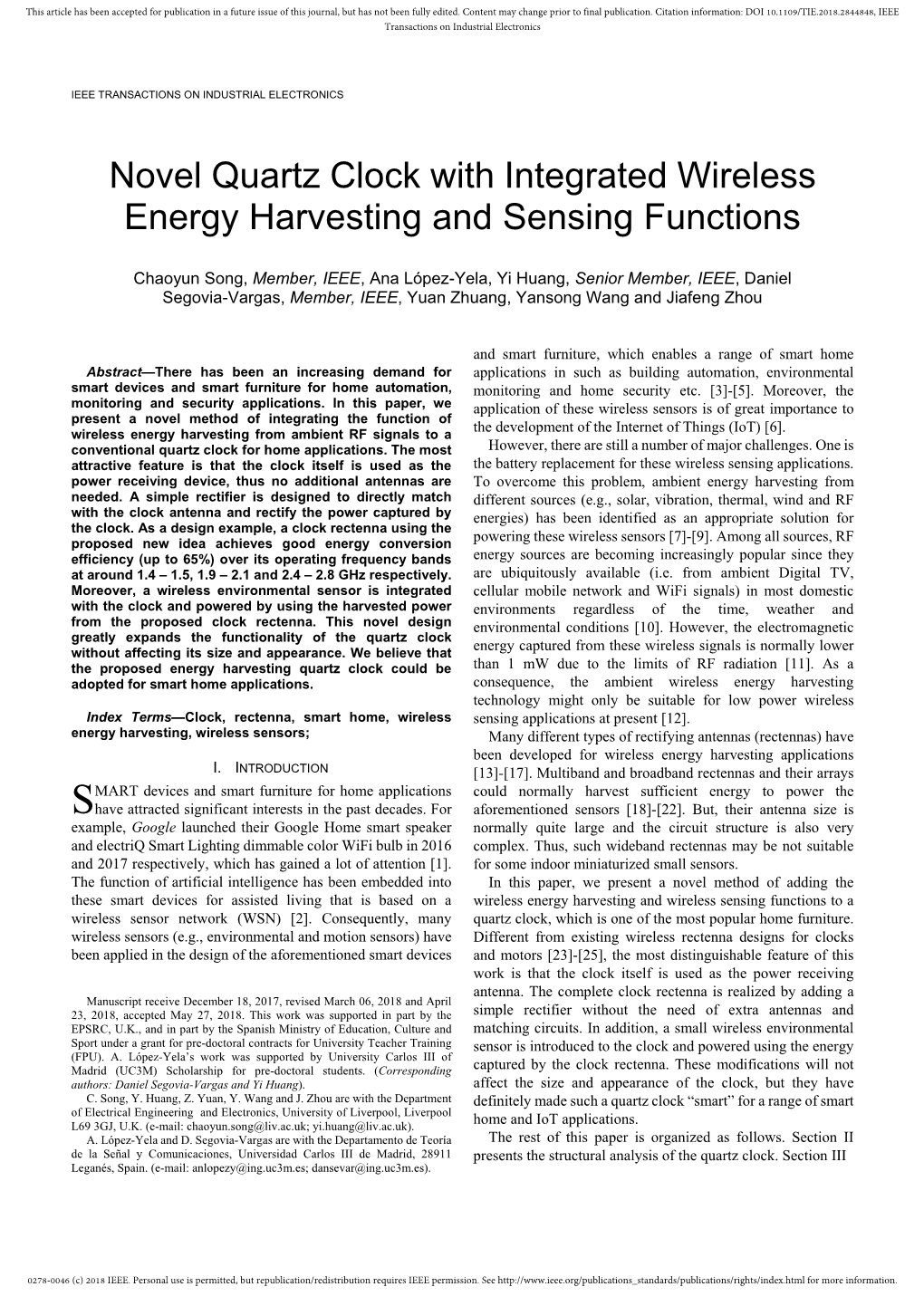 Novel Quartz Clock with Integrated Wireless Energy Harvesting and Sensing Functions