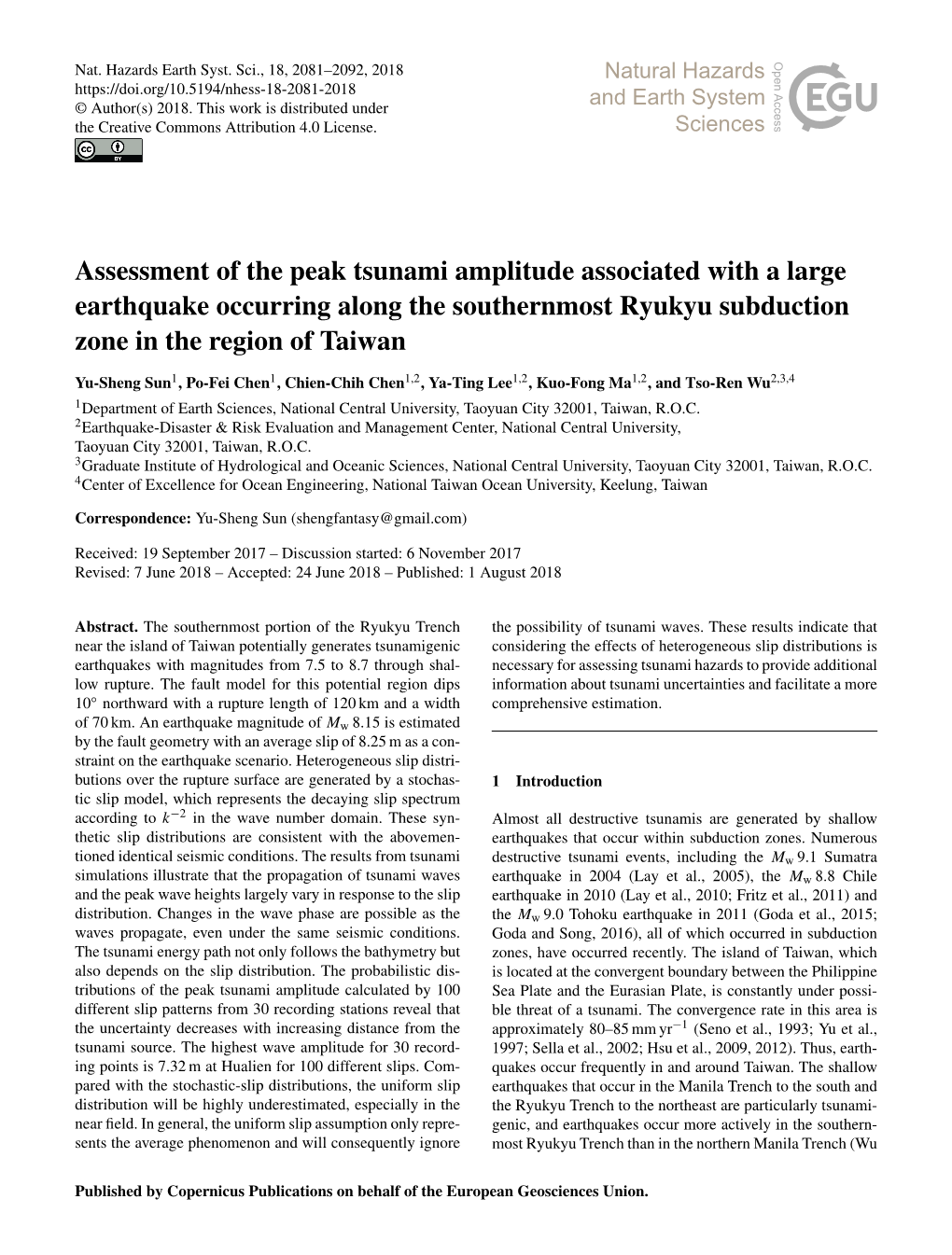 Assessment of the Peak Tsunami Amplitude Associated with a Large Earthquake Occurring Along the Southernmost Ryukyu Subduction Zone in the Region of Taiwan