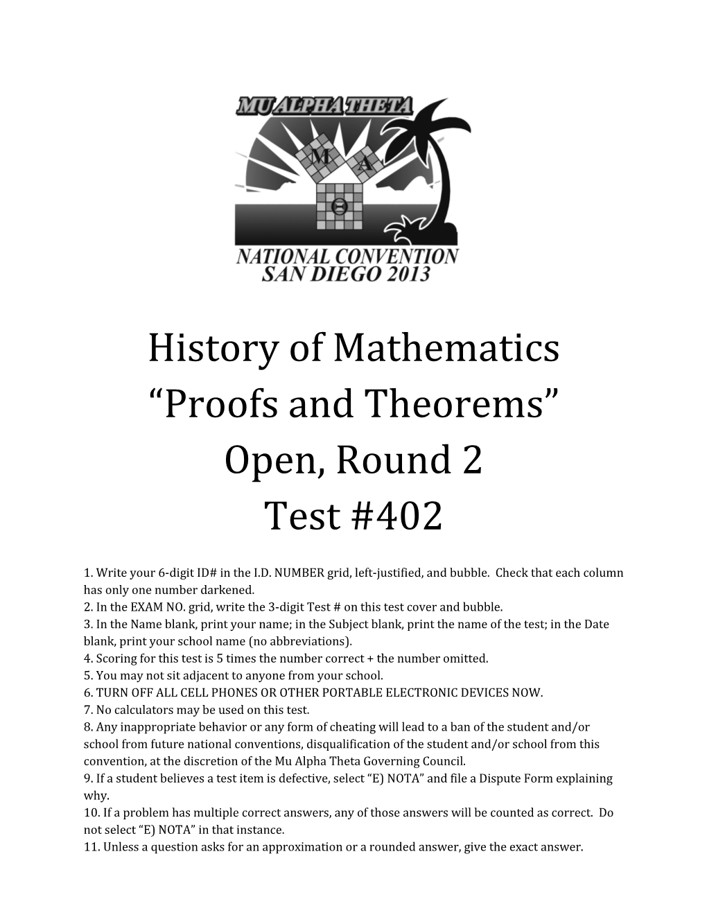 History of Mathematics “Proofs and Theorems” Open, Round 2 Test #402