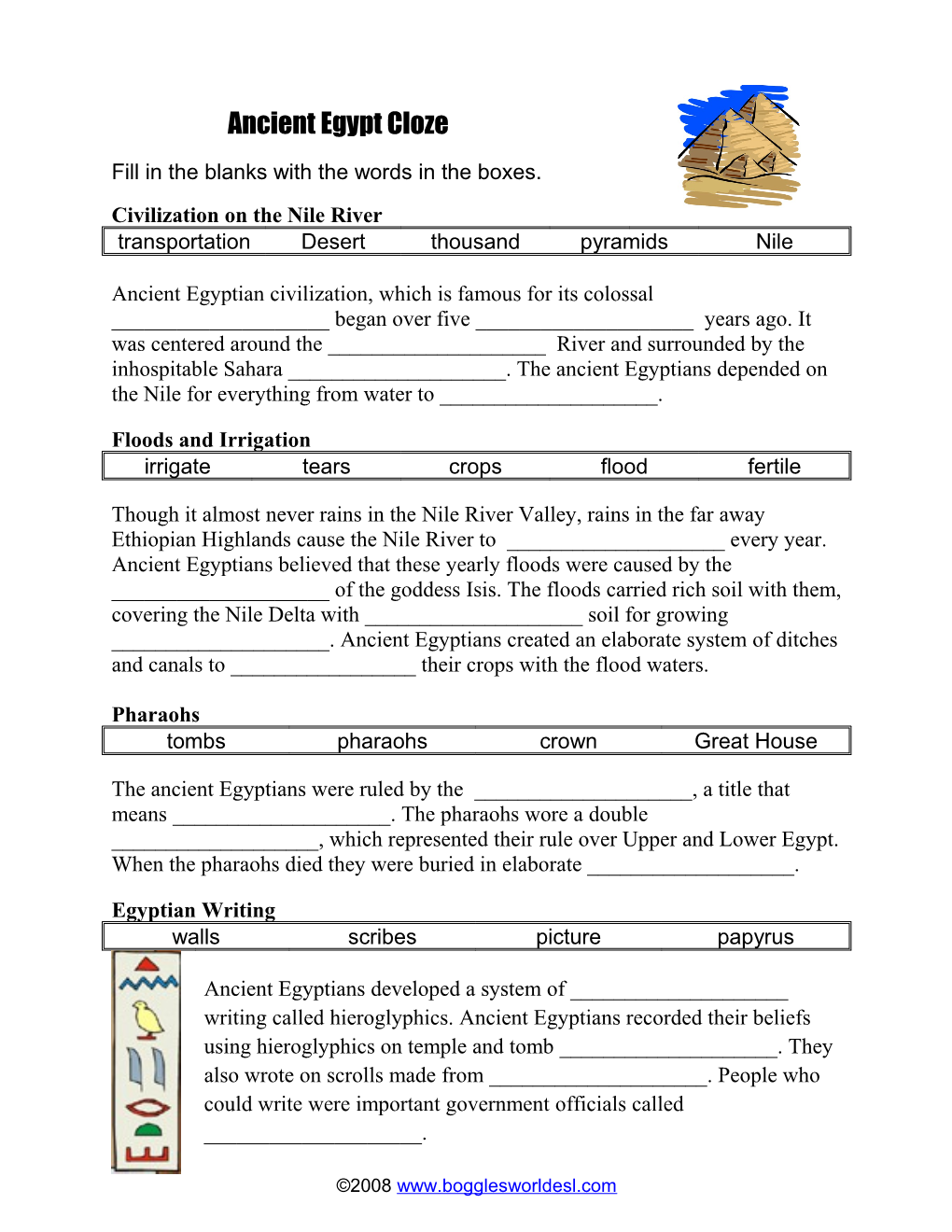 Ancient Egypt Cloze Fill in the Blanks with the Words in the Boxes