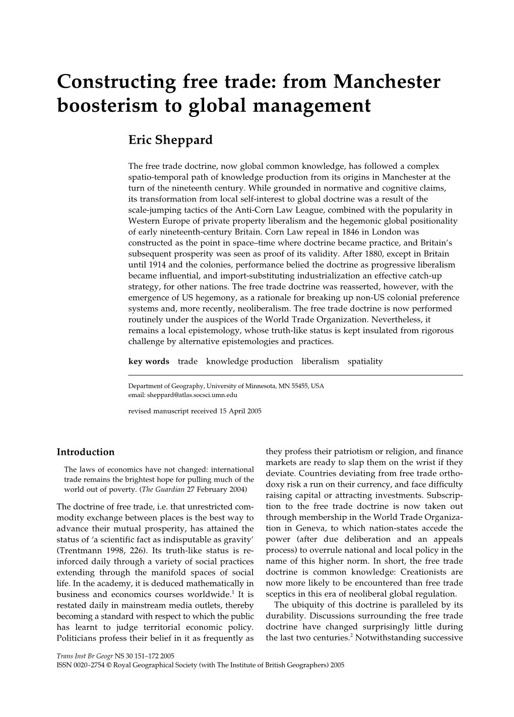 Constructing Free Trade: from Manchester Boosterism to Global