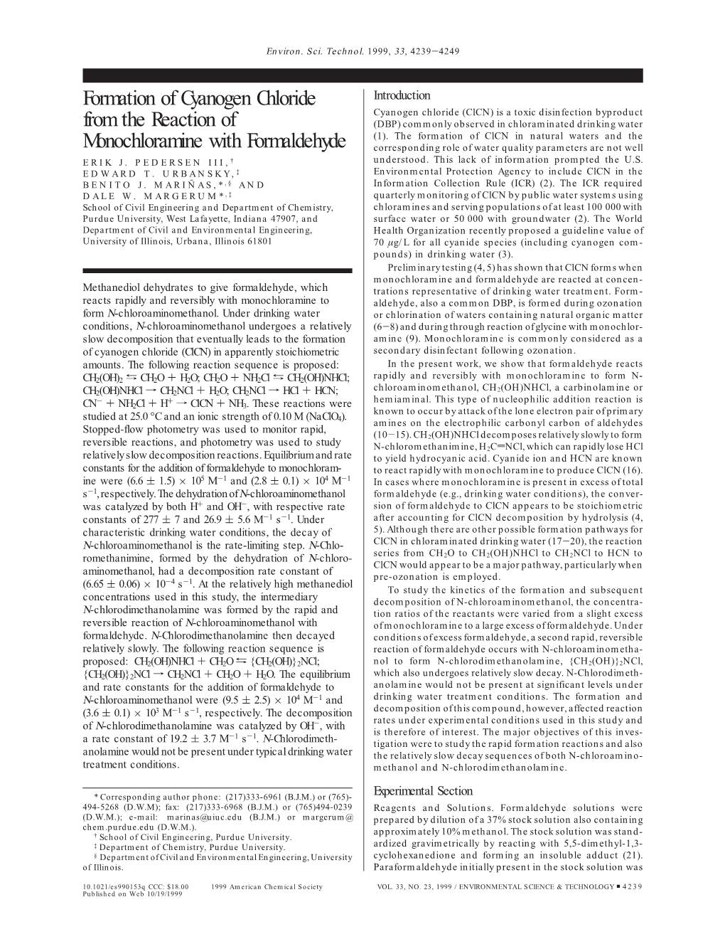 Formation of Cyanogen Chloride from the Reaction of Monochloramine