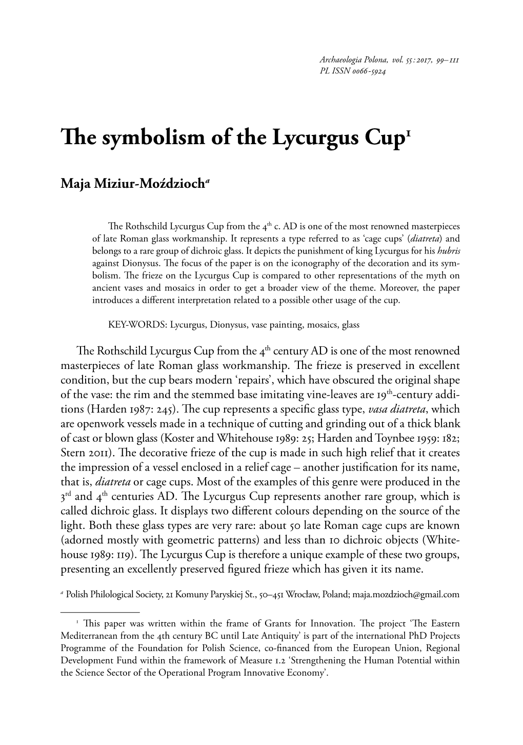 The Symbolism of the Lycurgus Cup1