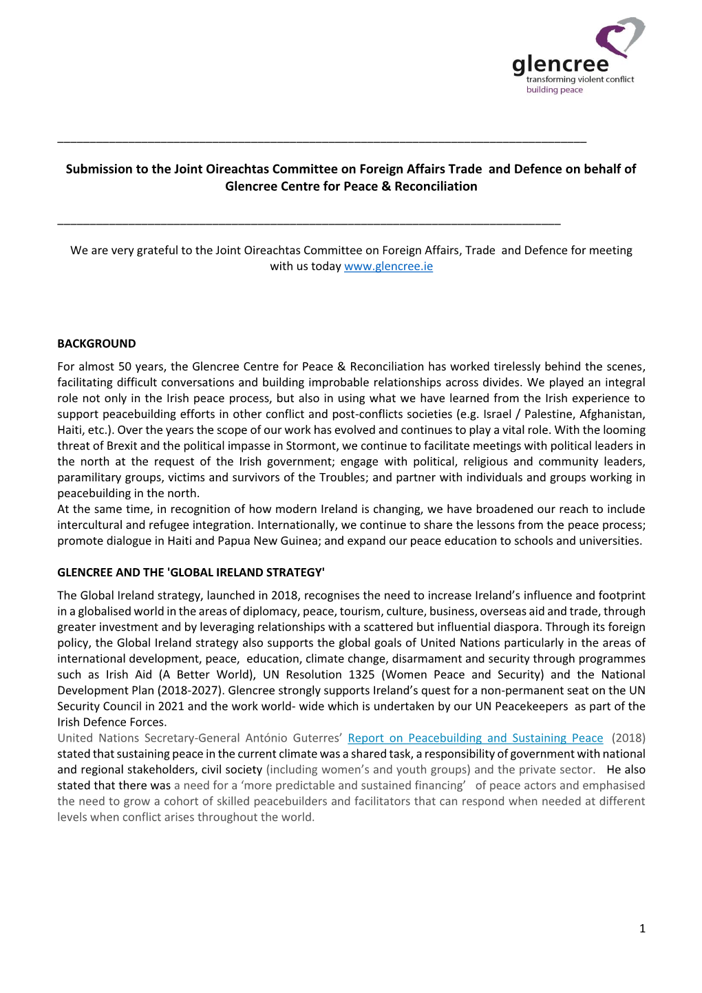 Submission to the Joint Oireachtas Committee on Foreign Affairs Trade and Defence on Behalf of Glencree Centre for Peace & Reconciliation