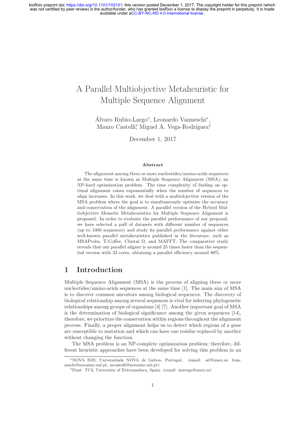 A Parallel Multiobjective Metaheuristic for Multiple Sequence Alignment