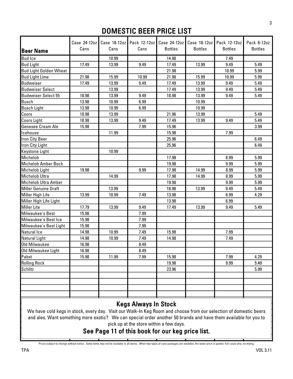 Domestic Beer Price List