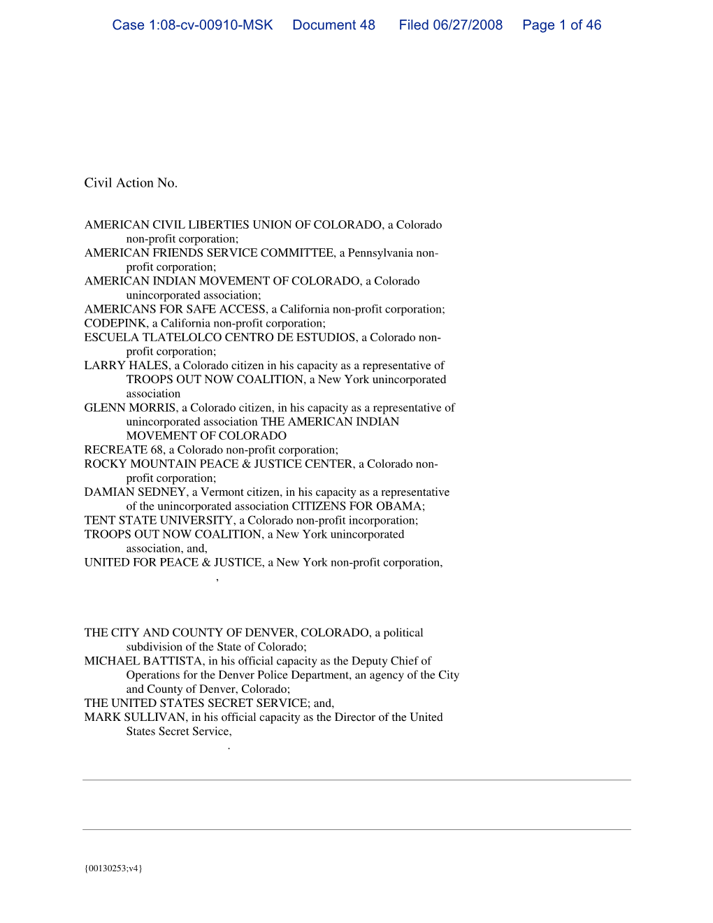 Case 1:08-Cv-00910-MSK Document 48 Filed 06/27/2008 Page 1 of 46