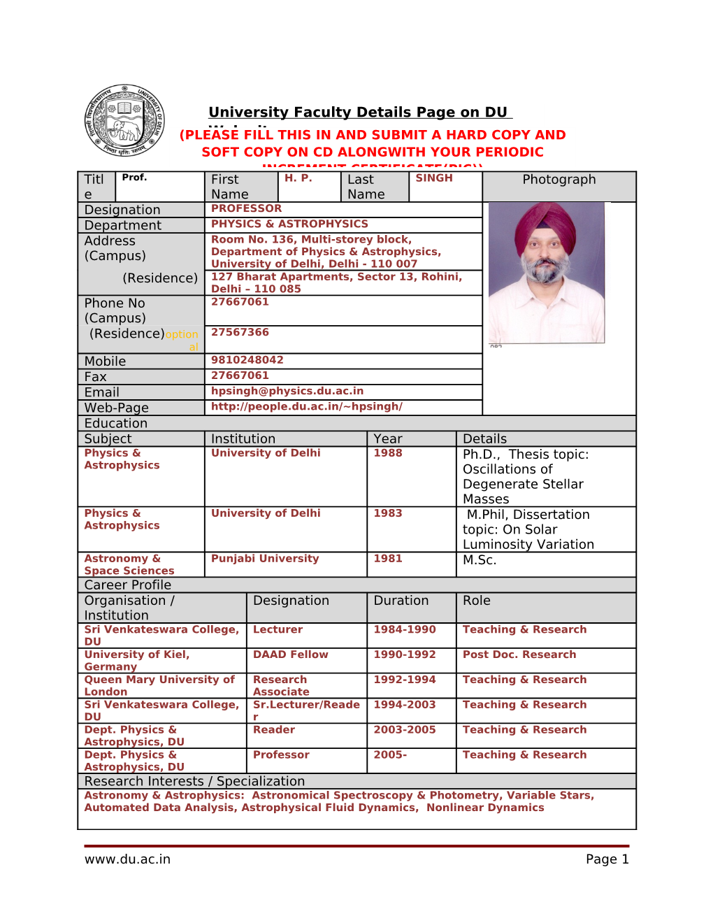 University Faculty Details Page on DU Web-Site