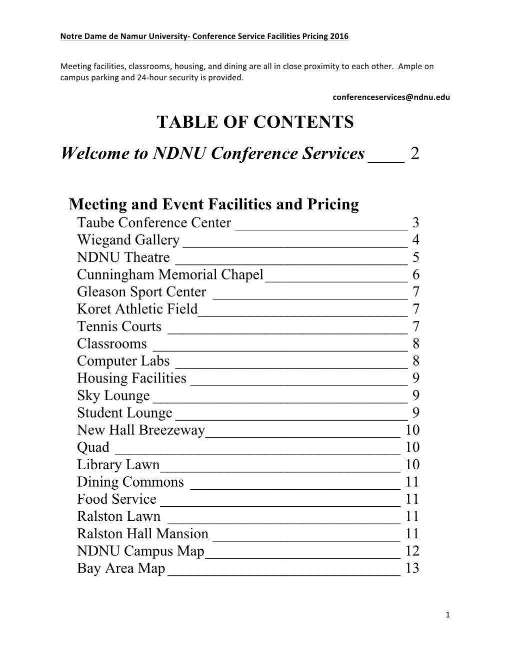 TABLE of CONTENTS Welcome to NDNU Conference Services___2