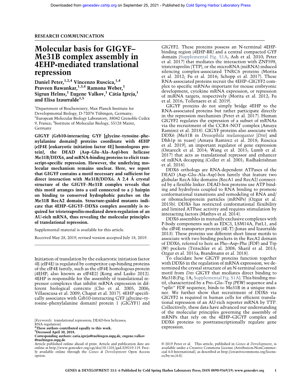 Molecular Basis for GIGYF–Me31b Complex Assembly in 4EHP