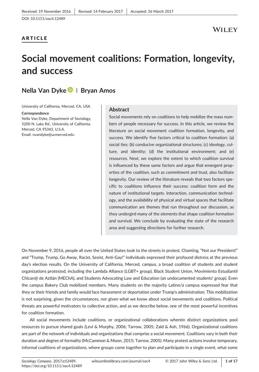 Social Movement Coalitions: Formation, Longevity, and Success