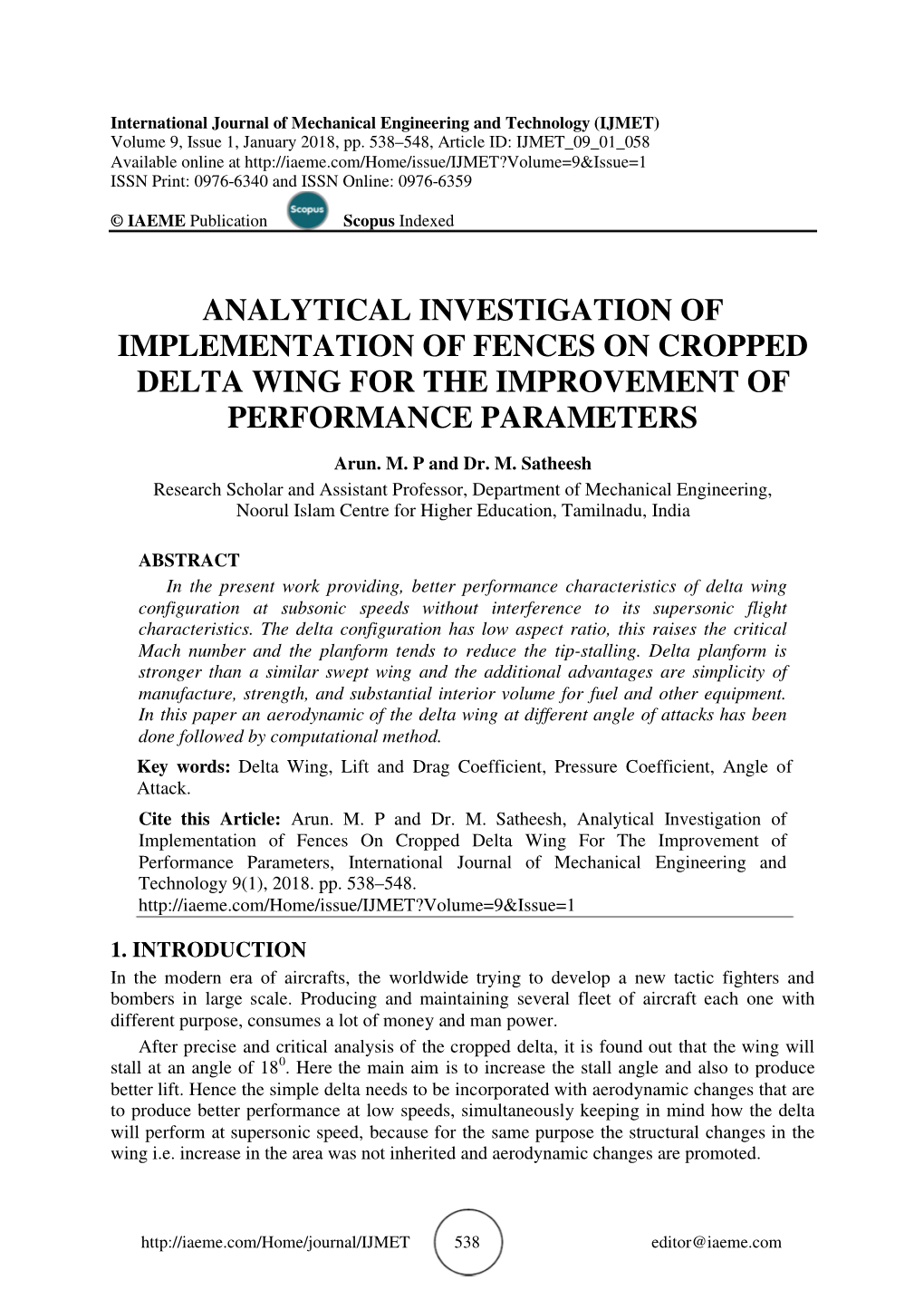 Analytical Investigation of Implementation of Fences on Cropped Delta Wing for the Improvement of Performance Parameters
