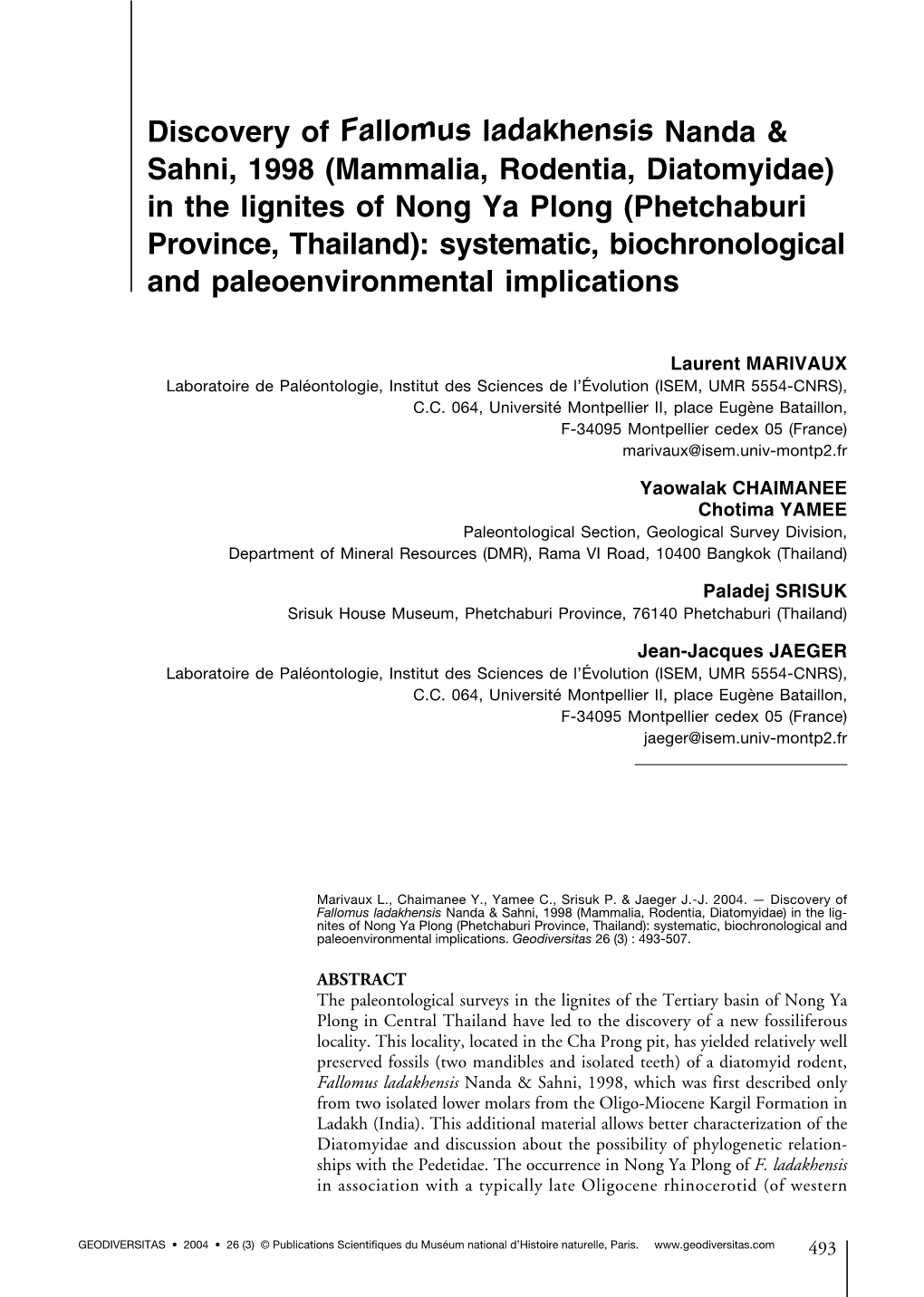 Mammalia, Rodentia, Diatomyidae) in the Lignites of Nong Ya Plong (Phetchaburi Province, Thailand): Systematic, Biochronological and Paleoenvironmental Implications