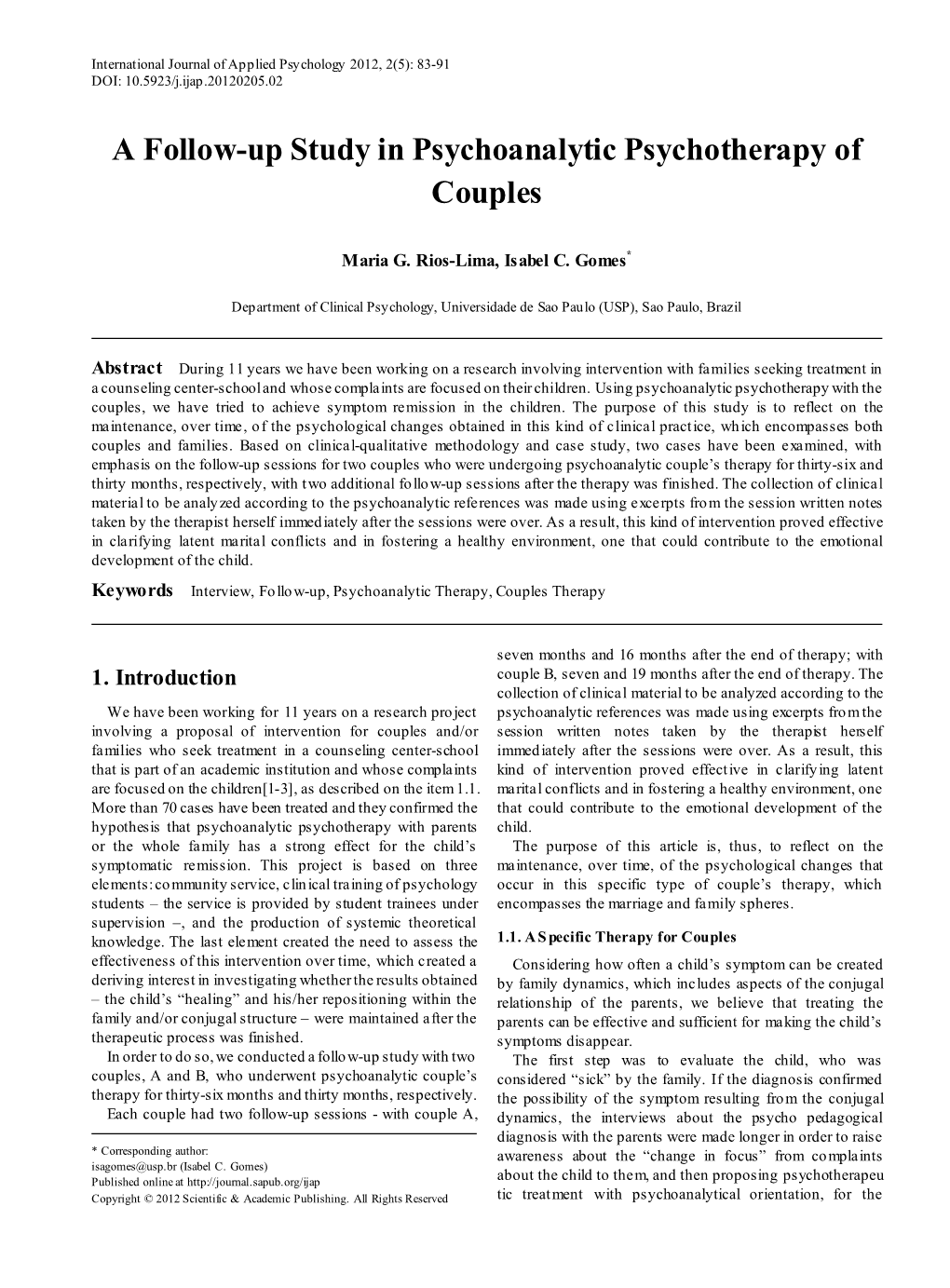 A Follow-Up Study in Psychoanalytic Psychotherapy of Couples