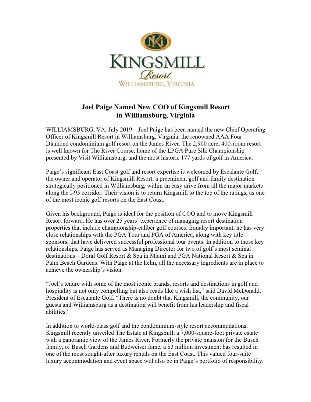 Joel Paige Named New COO of Kingsmill Resort in Williamsburg, Virginia