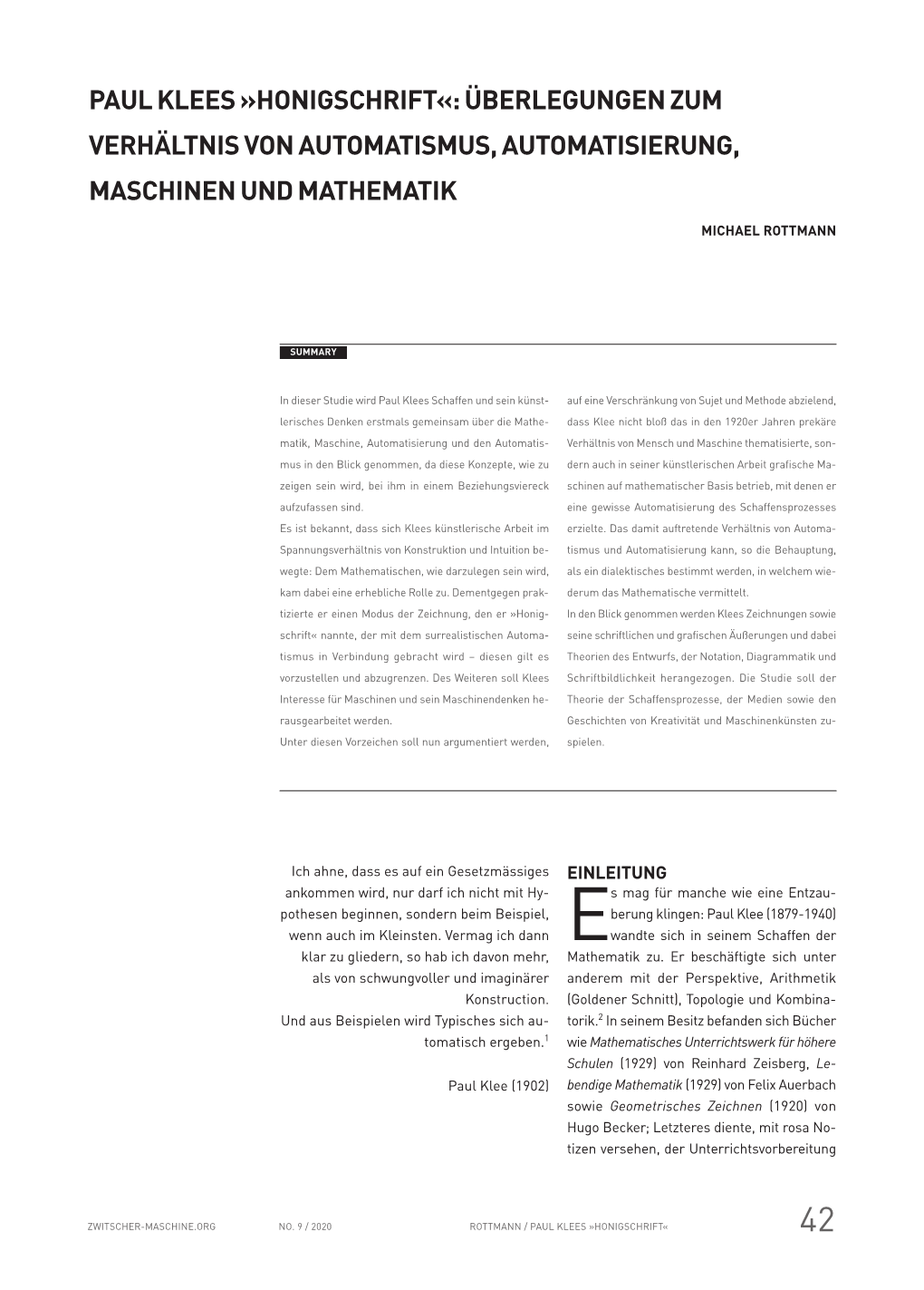 Paul Klees »Honigschrift«: Überlegungen Zum Verhältnis Von Automatismus, Automatisierung, Maschinen Und Mathematik