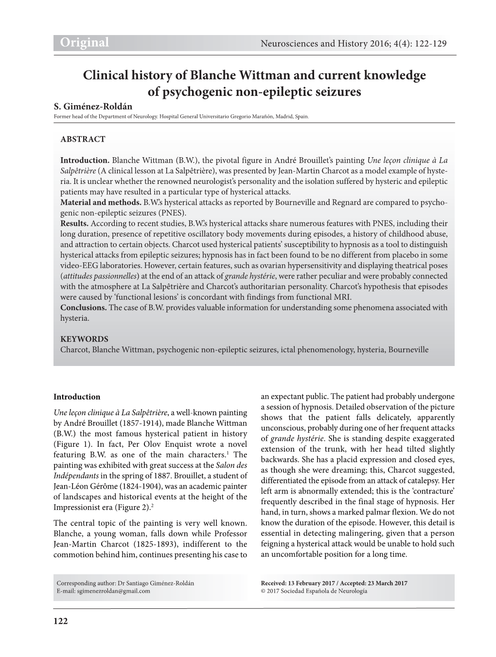 Clinical History of Blanche Wittman and Current Knowledge of Psychogenic Non-Epileptic Seizures S