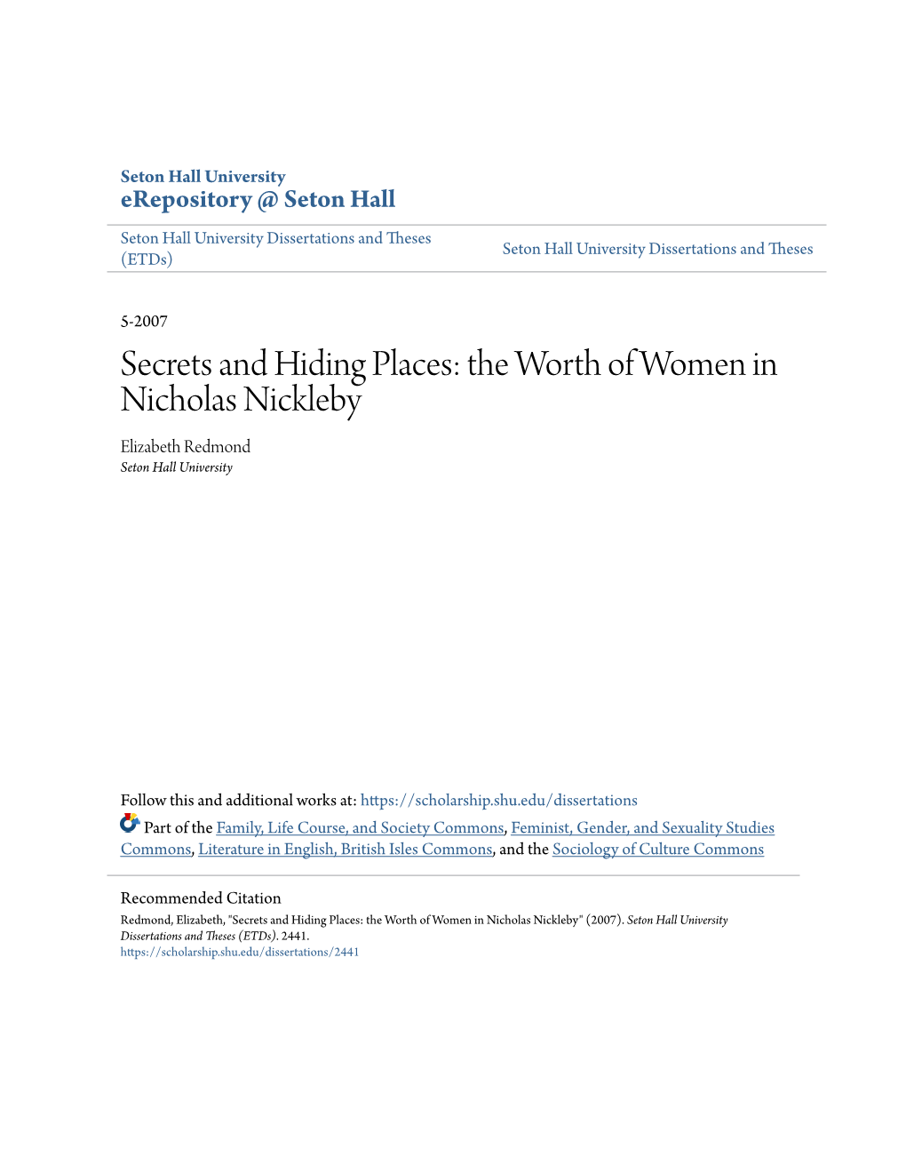 The Worth of Women in Nicholas Nickleby Elizabeth Redmond Seton Hall University