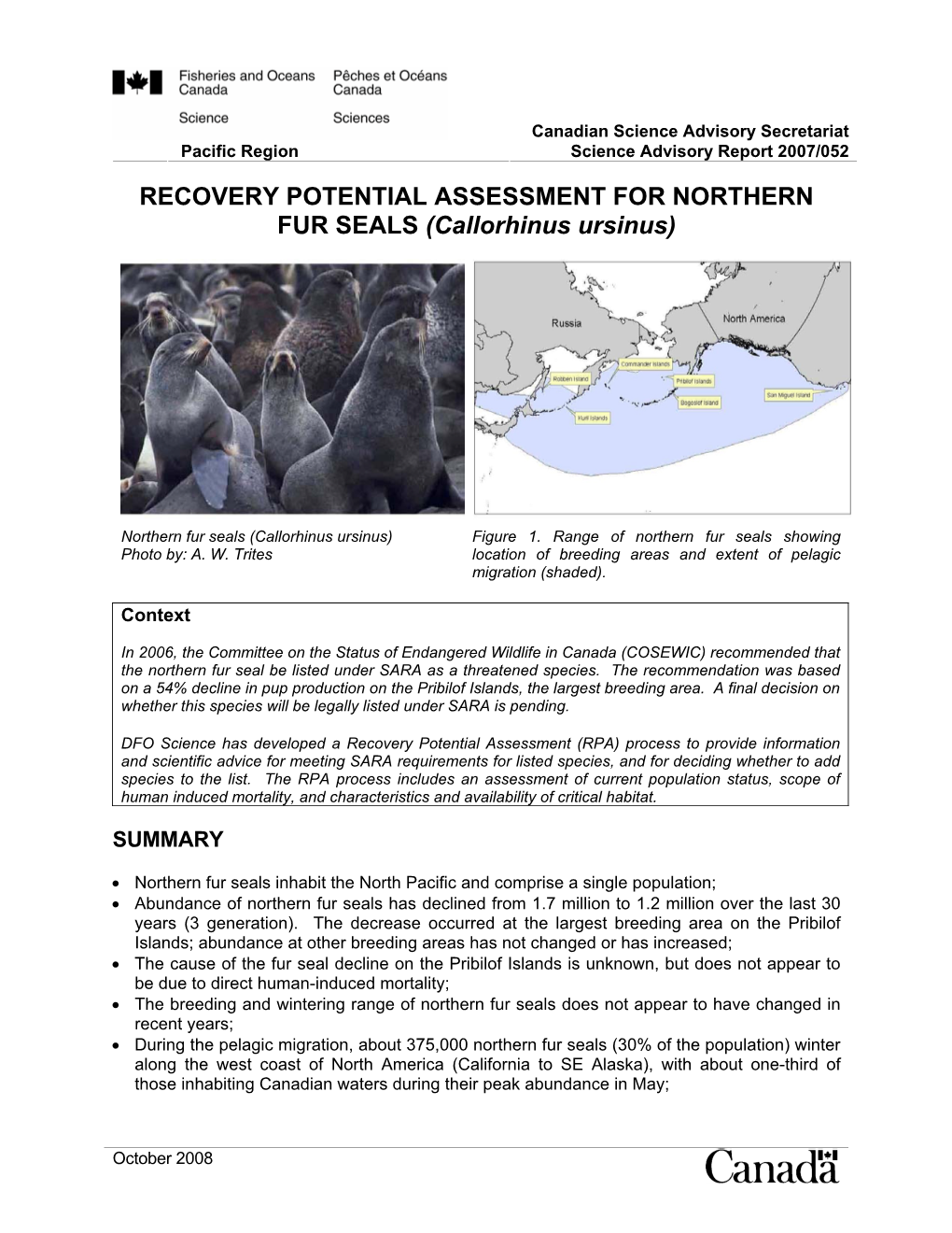 RECOVERY POTENTIAL ASSESSMENT for NORTHERN FUR SEALS (Callorhinus Ursinus)