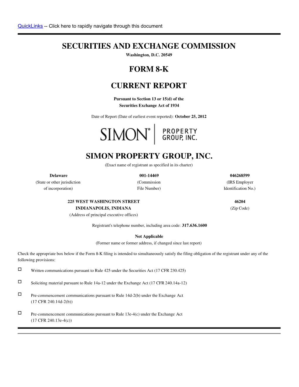 Securities and Exchange Commission Form 8-K Current Report Simon Property Group, Inc