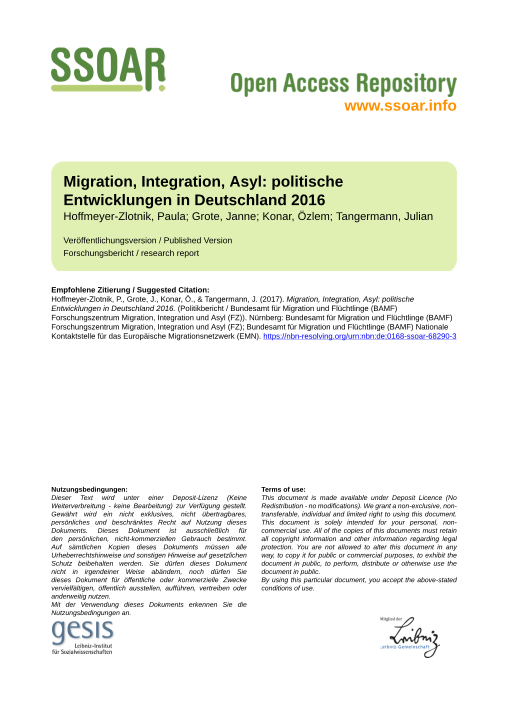 Migration, Integration, Asyl: Politische Entwicklungen in Deutschland 2016 Hoffmeyer-Zlotnik, Paula; Grote, Janne; Konar, Özlem; Tangermann, Julian