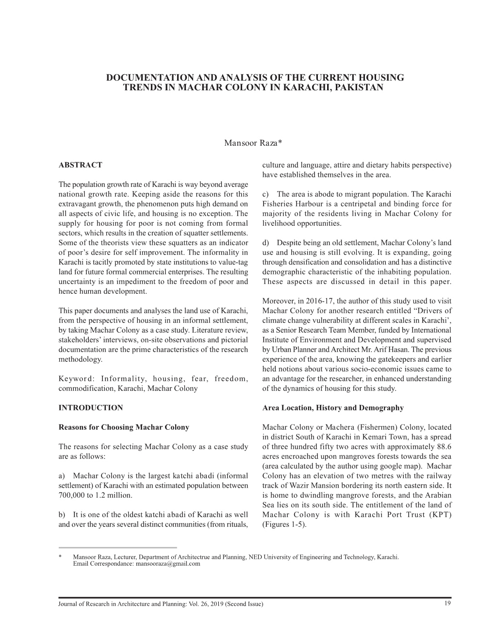 Documentation and Analysis of the Current Housing Trends in Machar Colony in Karachi, Pakistan