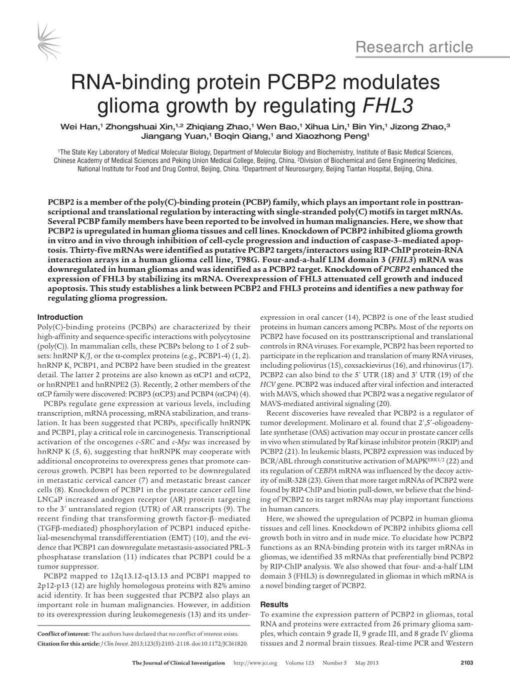 Jci.Org Volume 123 Number 5 May 2013 2103 Research Article