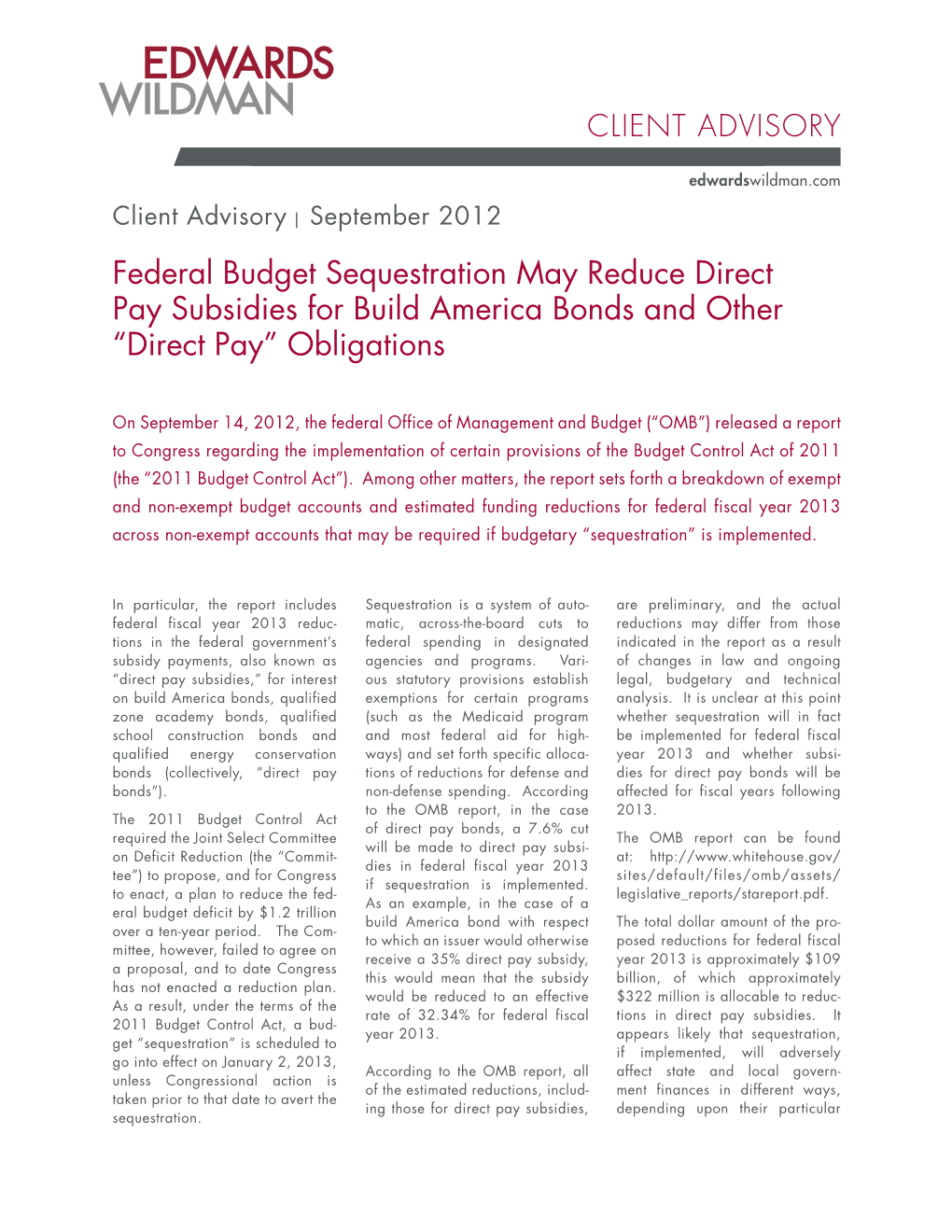 Federal Budget Sequestration May Reduce Direct Pay Subsidies for Build America Bonds and Other “Direct Pay” Obligations