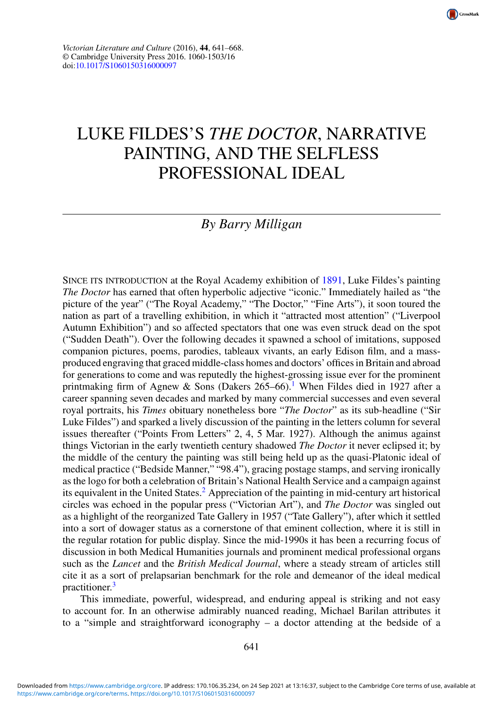 Luke Fildes's the Doctor, Narrative Painting, and the Selfless