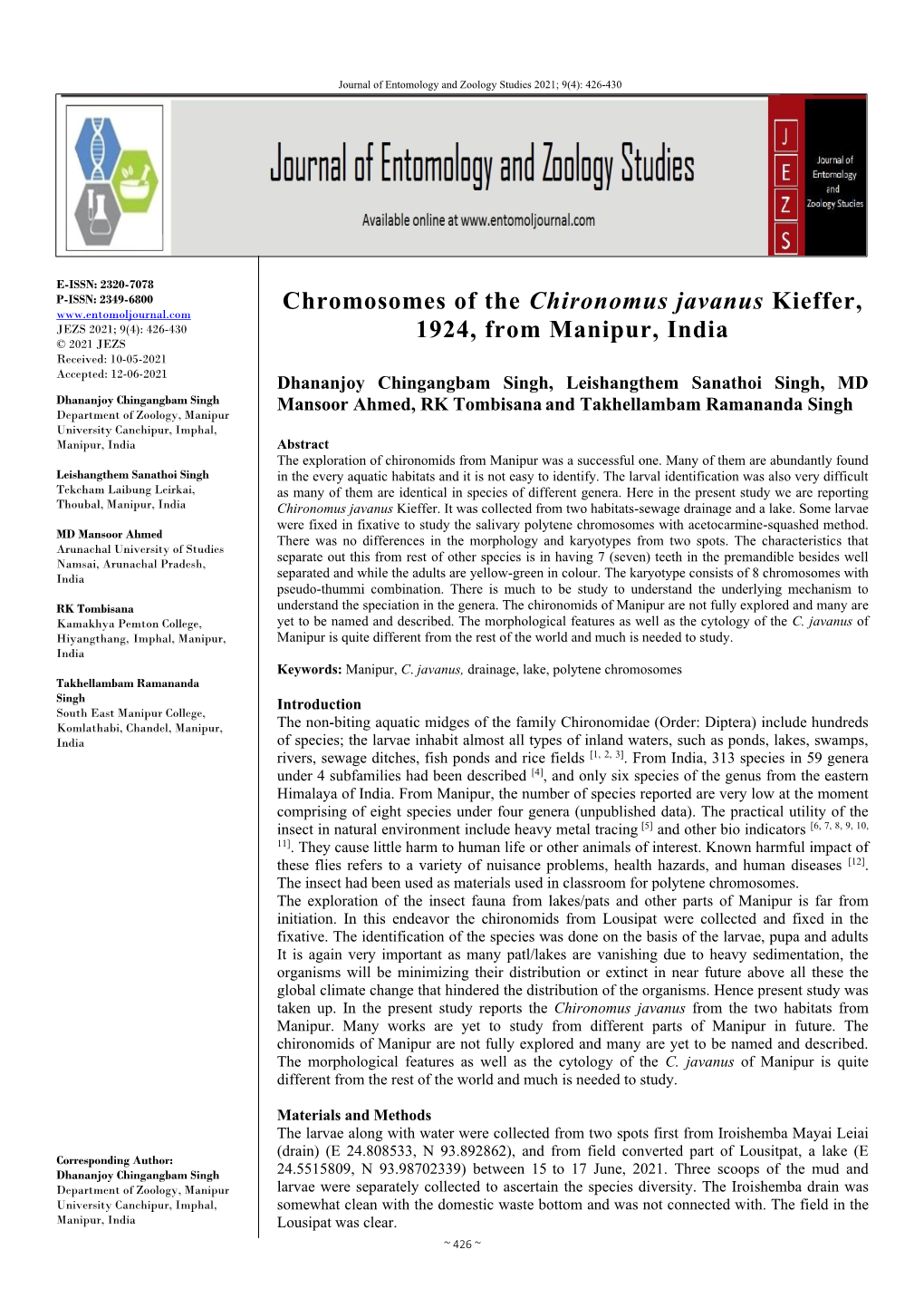 Chromosomes of the Chironomus Javanus Kieffer, 1924, from Manipur