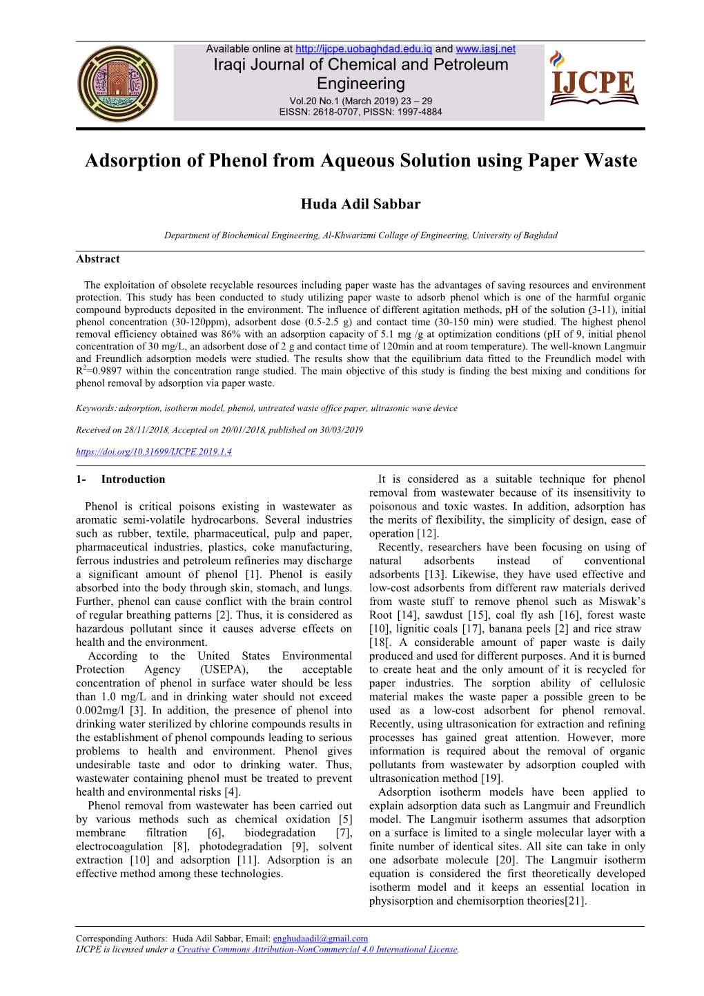 Adsorption of Phenol from Aqueous Solution Using Paper Waste