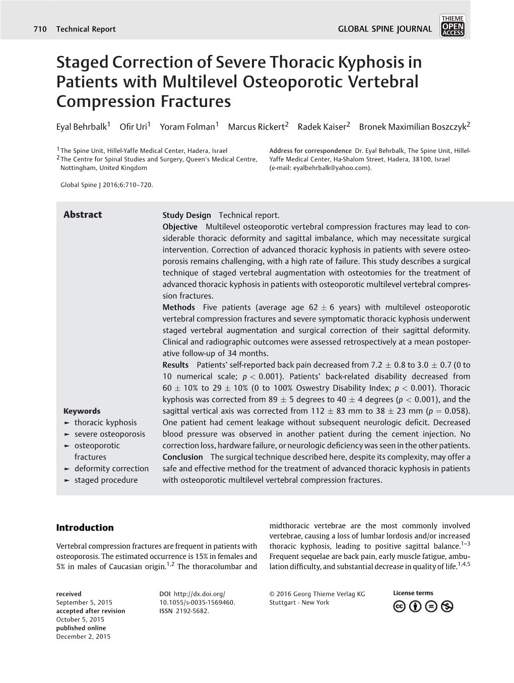 Staged Correction of Severe Thoracic Kyphosis in Patients with Multilevel Osteoporotic Vertebral Compression Fractures