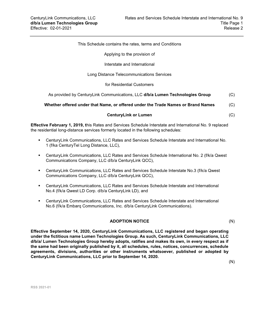 Centurylink Communications, LLC Rates and Services Schedule Interstate and International No