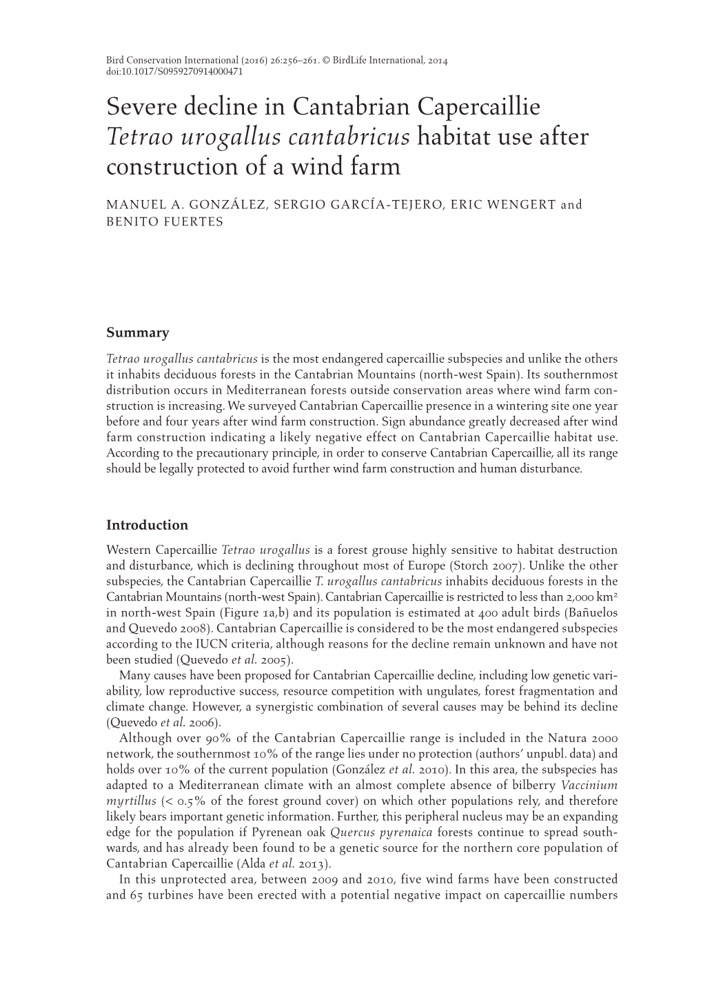 Severe Decline in Cantabrian Capercaillie Tetrao Urogallus Cantabricus Habitat Use After Construction of a Wind Farm